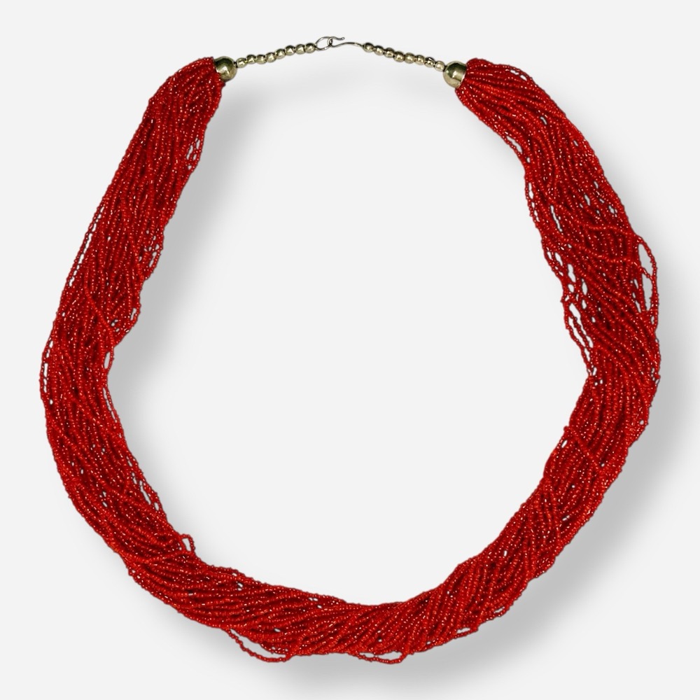 Native American 30 Strand 30" Long Coral ‎ Seed Bead Ox Blood Necklace